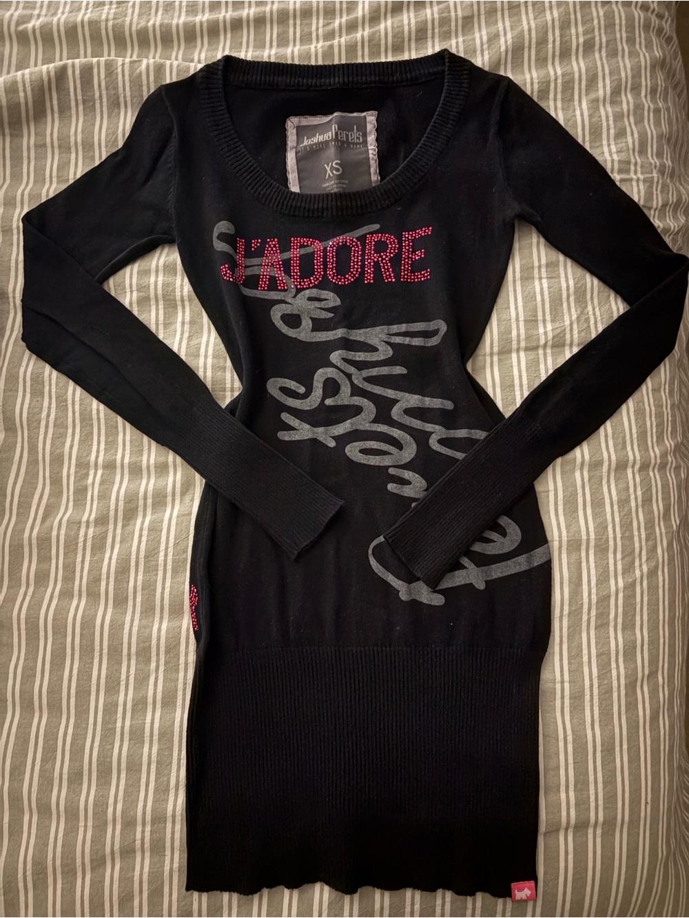 Joshua Perets Black Sweater Dress with Pink Jeweled 'J'Adore'